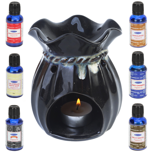 Oil Burner + Satya Oils Set 7pce Vintage Style 12.5cm Dark Glazed Ceramic