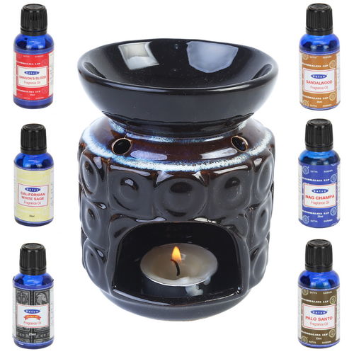 Oil Burner + Satya Oils Set 7pce 12cm Round Circles Glazed Ceramic