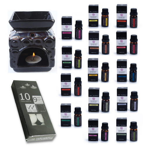 Oil Burner Kit + 14 Essential Oils Scents & 10 Tealight Candles, Black Square