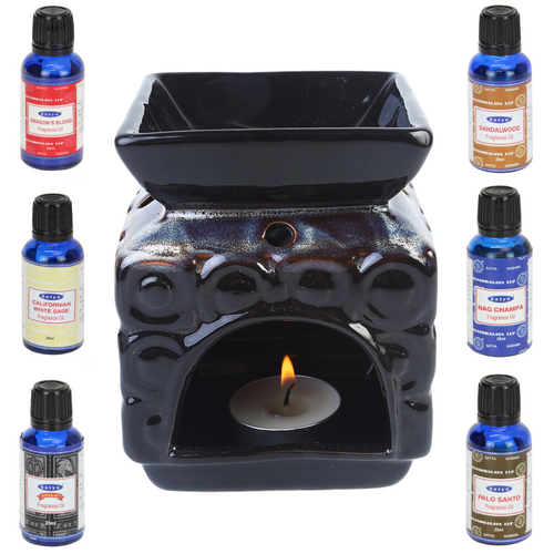 Oil Burner + Satya Oils Set 7pce 12cm Square Circles Glazed Ceramic