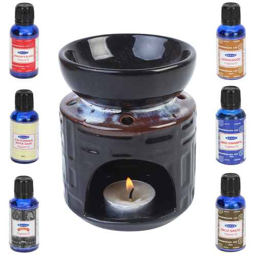 Oil Burner + Satya Oils Set 7pce 12cm Round Dark Glazed Ceramic