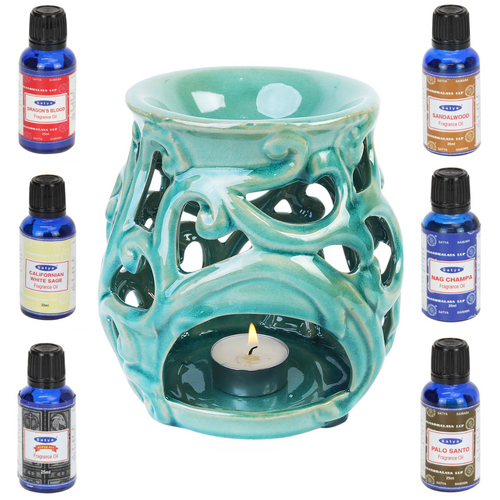 Oil Burner + Satya Oils Set 7pce Large 15cm Gloss Green