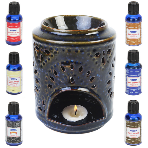 Oil Burner + Satya Oils Set 7pce Large Cylinder 15cm Deep Blue Glazed
