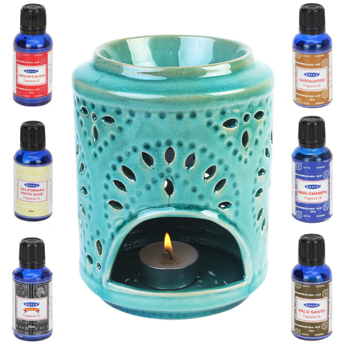 Oil Burner + Satya Oils Set 7pce Large Cylinder 15cm Gloss Green Glazed