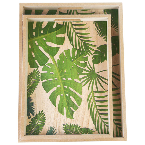 Set of Two Serving Trays Green Leaf Design Print