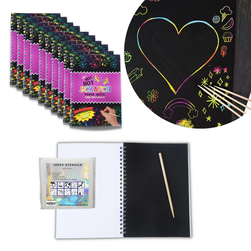 Rainbow Scratch Paper with 10 Stencils & A5 Books Magic Art with Wooden Stylus'