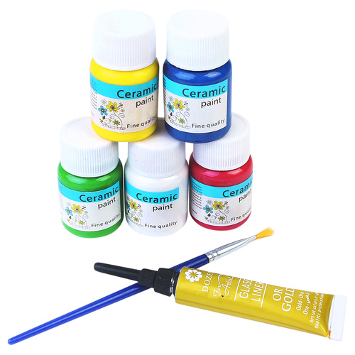 5pce 30ml Ceramic Paint in Pots Includes Brush & Outliner
