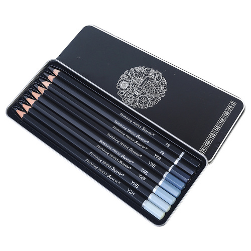 8pce Graphite Lead Pencils in Assorted Depths of Colour In Metal Box