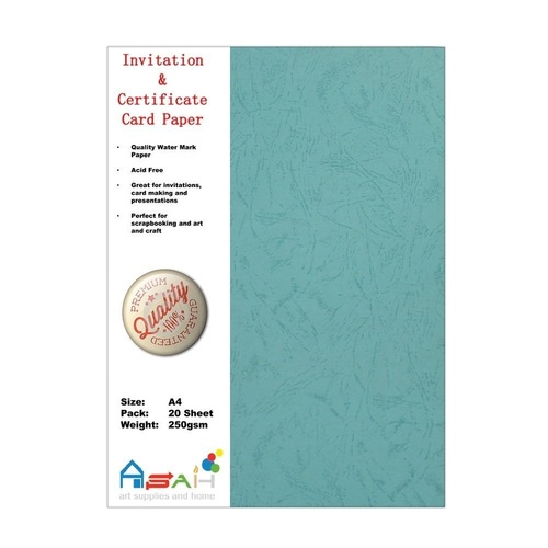 20pce Turquoise Watermark Certificate / Invitation Card Paper 250gsm, A4, Acid Free