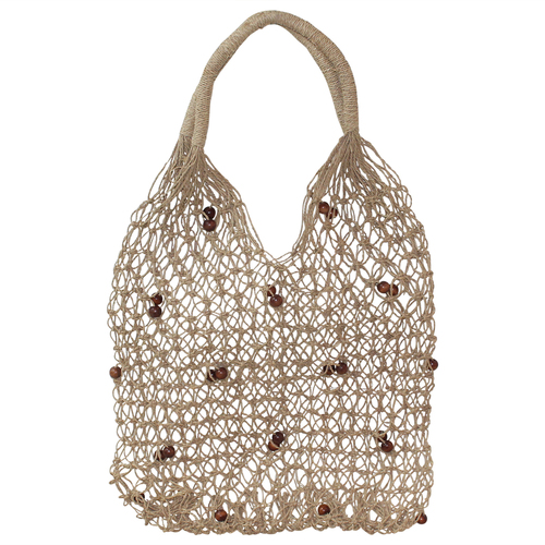 1pce 65cm Carry Tote Shopping Bag Brown Beads Natural Seagrass Woven Hessian Style
