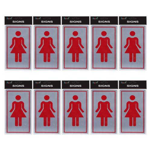 10pce Female Toilet 15cm Signs Set Silver/Black Brushed Steel Self Adhesive