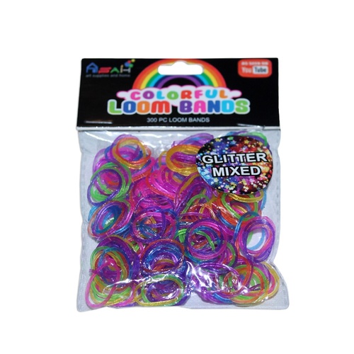 ASAH Glitter Mixed Colour Loom Bands 300pce + 16 S Clips - Glitter Mixed