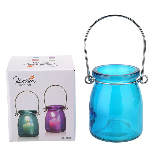 1pce Glass with Metal Hanger Tealight Holder in Bright Colours Party Theming 8.5x6.5cm - Turquoise