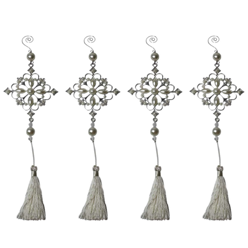 4x Wedding Tassels Set Hanging Cross Design Decoration Metal Silver w/ Pearls 30cm