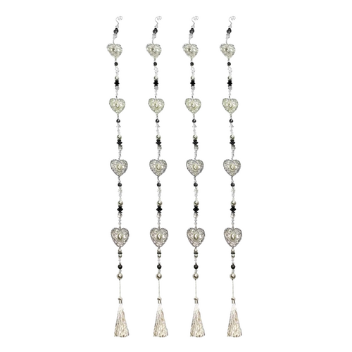 4pce 80cm Wedding Hearts Hanging Tassel Steel Silver w/ Pearls Wedding & Diamonds