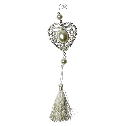 30cm Heart Wedding Design Hanging Tassel Steel Silver W/ Pearls Wedding Decoration