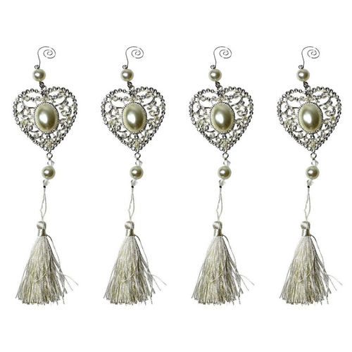 4x Wedding Tassels Set Hanging Heart Design Decoration Metal Silver w/ Pearls 30cm
