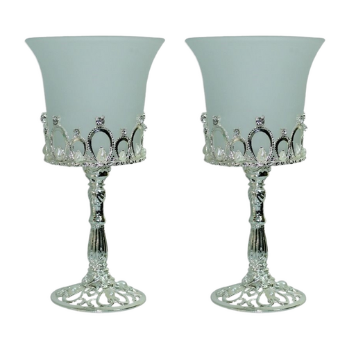 Set Of 2 17cm Wedding Design Goblet Tea Light Holder Steel Silver Frame W/ Glass