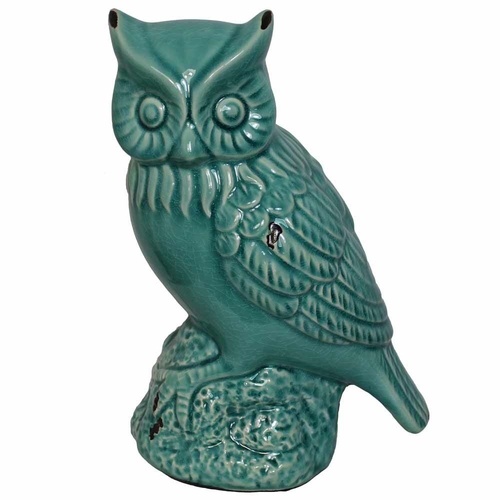 26cm Vintage Style Green Ceramic Owl Bird on Perch with Crackle Effect MQ-137