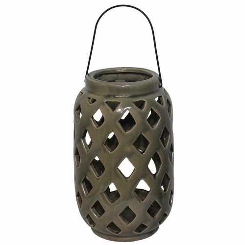 20cm Lantern Style Candle Holder Green Ceramic with Crackle Effect MQ-144