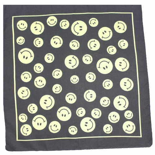 Bandana Yellow Happy Emoji Faces on Black 1pce 54cm 100% Cotton Head Wrap Scarf