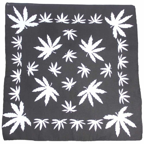 Bandana White Hemp Leaf Symbols on Black 1pce 54cm 100% Cotton Head Wrap Scarf
