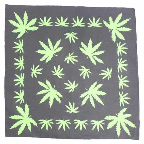 Bandana Green Hemp Leaf Symbols on Black 1pce 54cm 100% Cotton Head Wrap Scarf