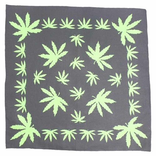 Bandana Green Hemp Leaf Symbols on Black 1pce 54cm 100% Cotton Head Wrap Scarf