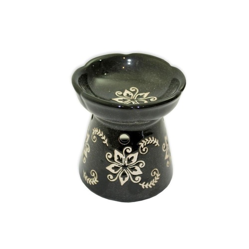 10cm Ceramic Oil Burner Black/White Glazed Flower Design, Fragrant Aroma- MQ-099