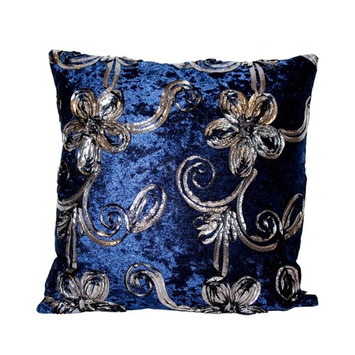 1pce 40x40cm Designer Vintage Style Cushion Blue Velvet Feel with Black & Silver Trim
