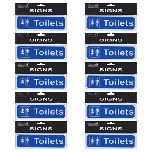 10pce Toilets Plastic 20cm Signs Set Blue/White Self Adhesive Business/Workplace