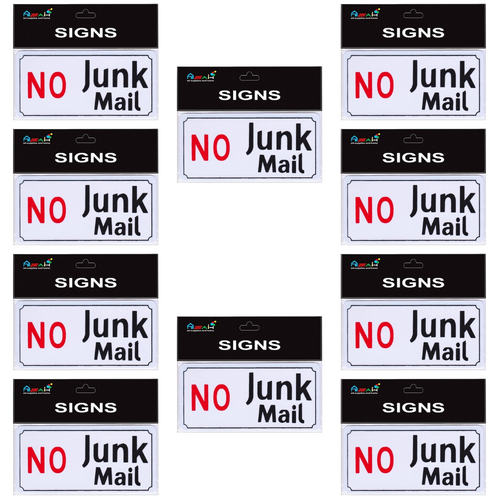 10pce Miniature No Junk Mail 8cm Signs Set Plastic White/Black/Red Self Adhesive