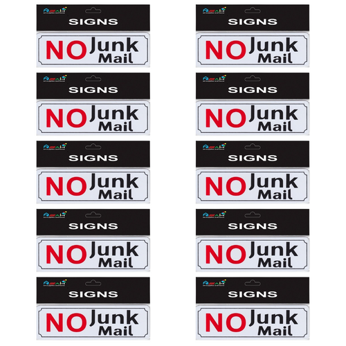 10pce No Junk Mail 20cm Signs Set Plastic White/Black/Red Self Adhesive Letterbox