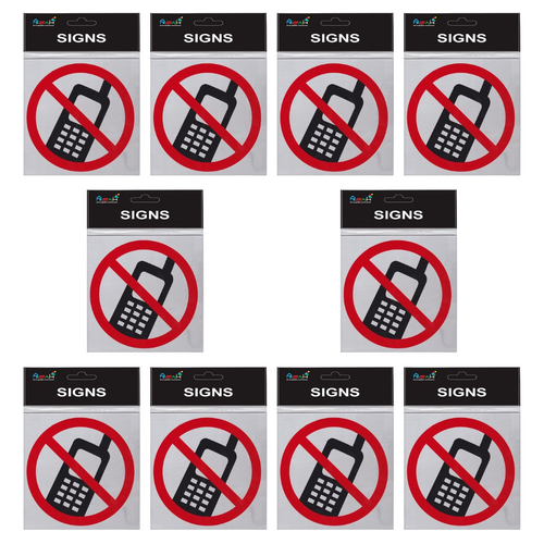 10pce No Mobile Phone Brushed Steel 14cm Signs Set Black/Red/Silver Non-adhesive