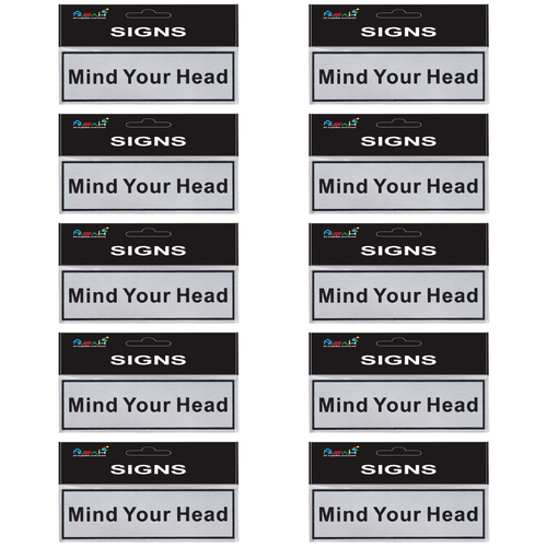 10pce Mind Your Head Brushed Steel 20cm Signs Set Black/Silver Workplace Non-adhesive