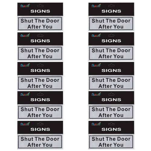 10pce Shut the Door After You Brushed Steel 18cm Signs Set Black/Silver Business