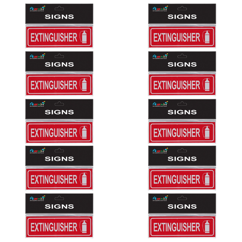 10pce Extinguisher 18cm Signs Set Brushed Steel Finish Red/Silver Non-adhesive