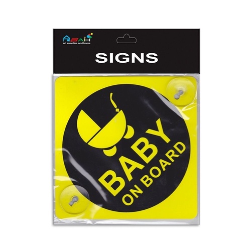 Baby on Board Plastic 14cm 1pce Sign Yellow With Suction Caps For Window