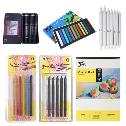 Pastels Drawing Set, Pencils, Pad, Blenders Introduction 44pce Bundle