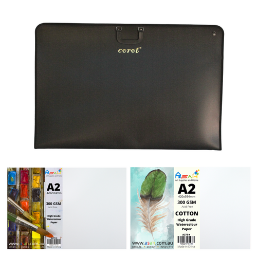 A1 Portfolio + Cotton & Standard Watercolour Paper Set  300gsm 40 Sheets & Carry Strap