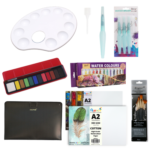 A1 Portfolio + Watercolour Paper,  Cake & Tubes Paint, Brushes & Mixing Palette Painting Set