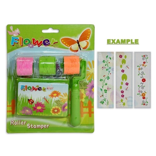 1x Green Kids Stamp Roller with 3 Stamp Rolls and an Ink Pad with Flower Boarder