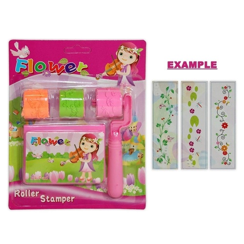 1 x Pink Kids Stamp Roller with 3 Stamp Rolls and an Ink Pad with Flower Boarder
