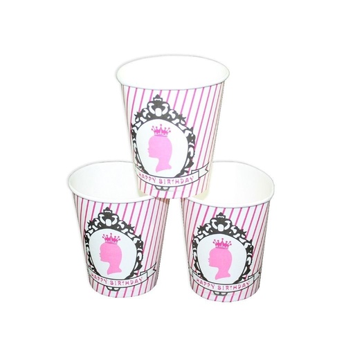 12pce Pink Princess Theme Party Paper Cups 200ml for Birthday Parties