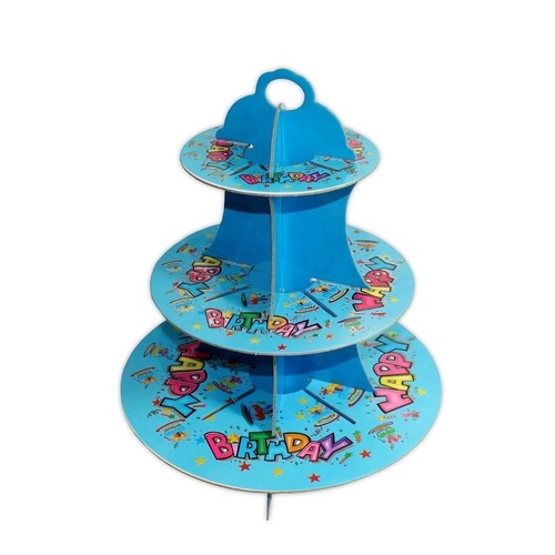 Blue Birthday Design 36x32cm Cardboard Cupcake Stand Holds 16 Cakes Parties