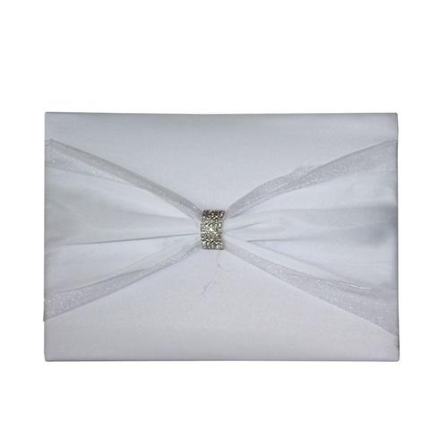 1 x Wedding 78pg Guest Book White Satin and Ribbon Diamante Ring Feature MQ-326