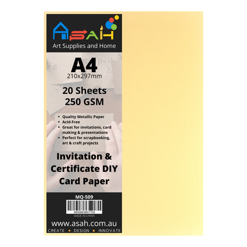 20pce Yellow Metallic Certificate / Invitation Card Paper 250gsm, A4, Acid Free