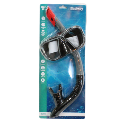 Snorkel & Mask Pike Set Black Adult UV Protection, Clip & Valve