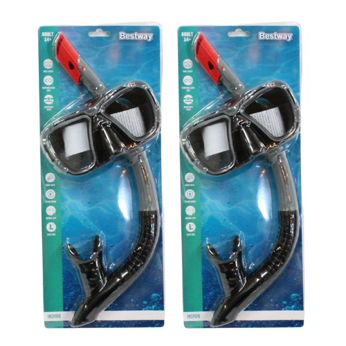 2x Snorkel & Mask Pike Sets Black Adult UV Protection, Clip & Valve