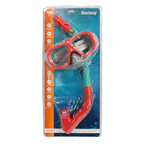 Snorkel & Mask Pike Set Red Kids 7+ UV Protection with Clip & Valve